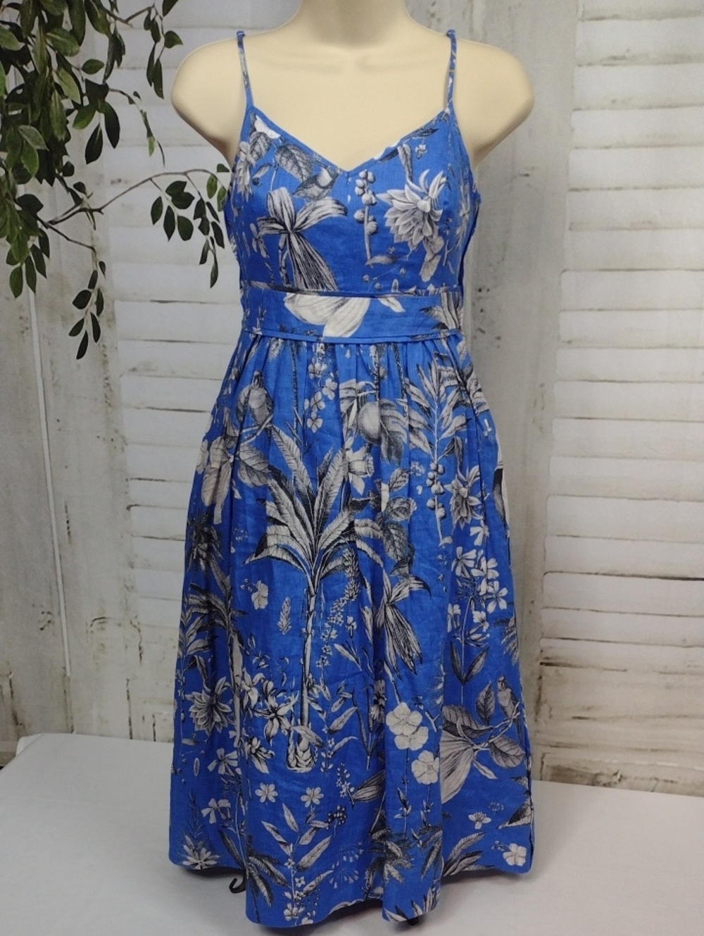 J. Crew Blue Floral Midi Sundress with Spaghetti Straps Linen Size 00